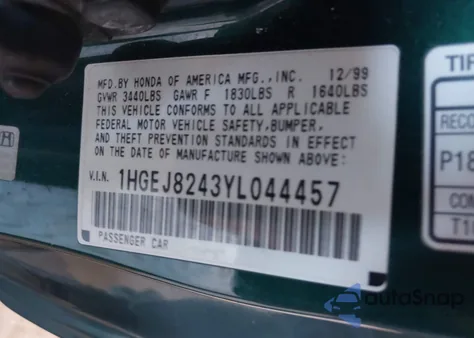 2000 Honda Civic Ex z USA, uszkodzony, nr VIN 1HGEJ8243YL044457